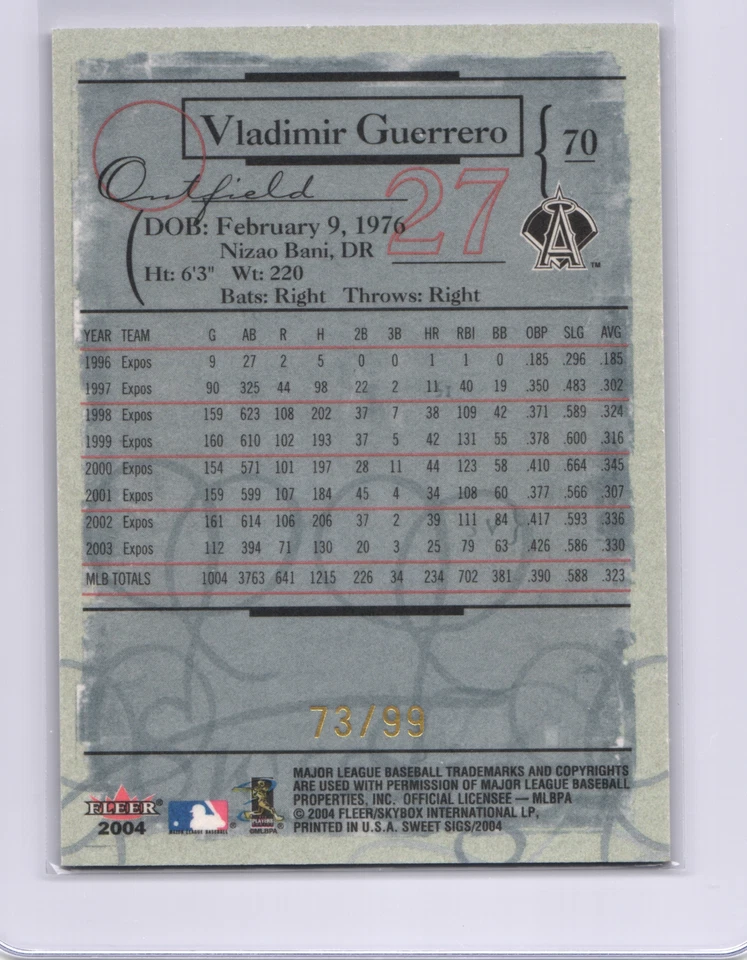 2004 Fleer Sweet Sigs #70 VLADIMIR GUERRERO Gold 73/99 SCARCE SET!!! - Image 2 of 2