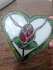 Heart Shaped Stained Glass Suncatcher with Red Rose Center