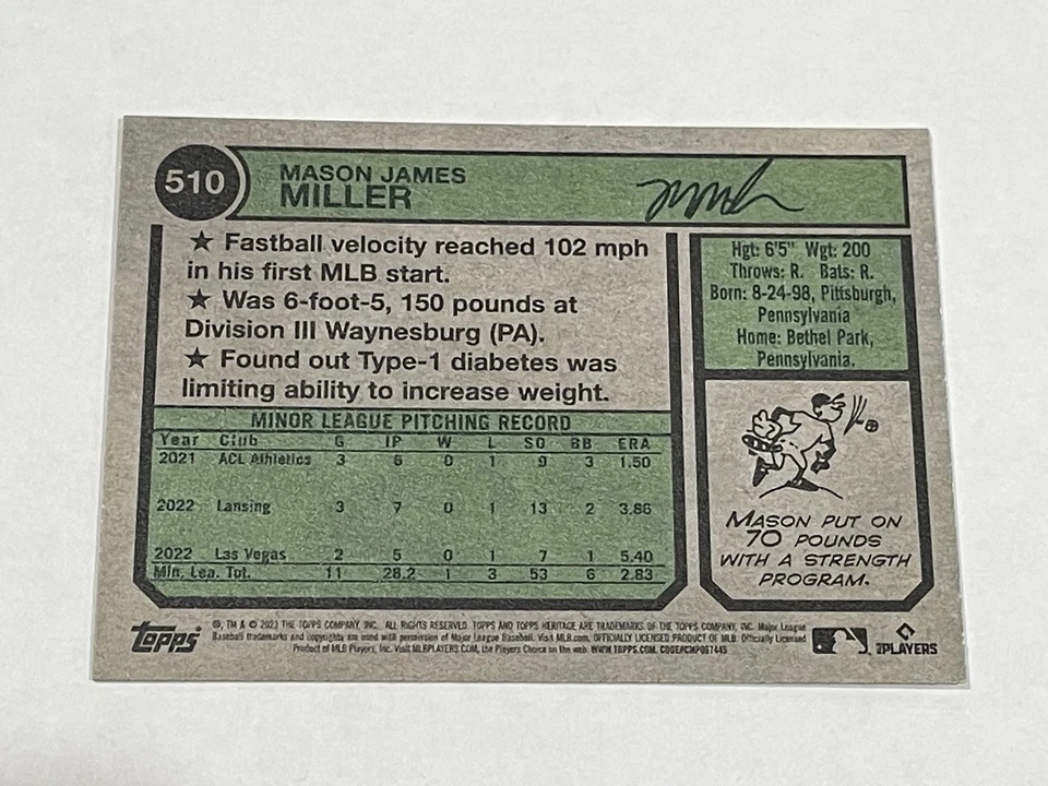 2023 Topps Heritage Baseball #510 - Mason Miller RC - Oakland Athletics - Image 2 of 2