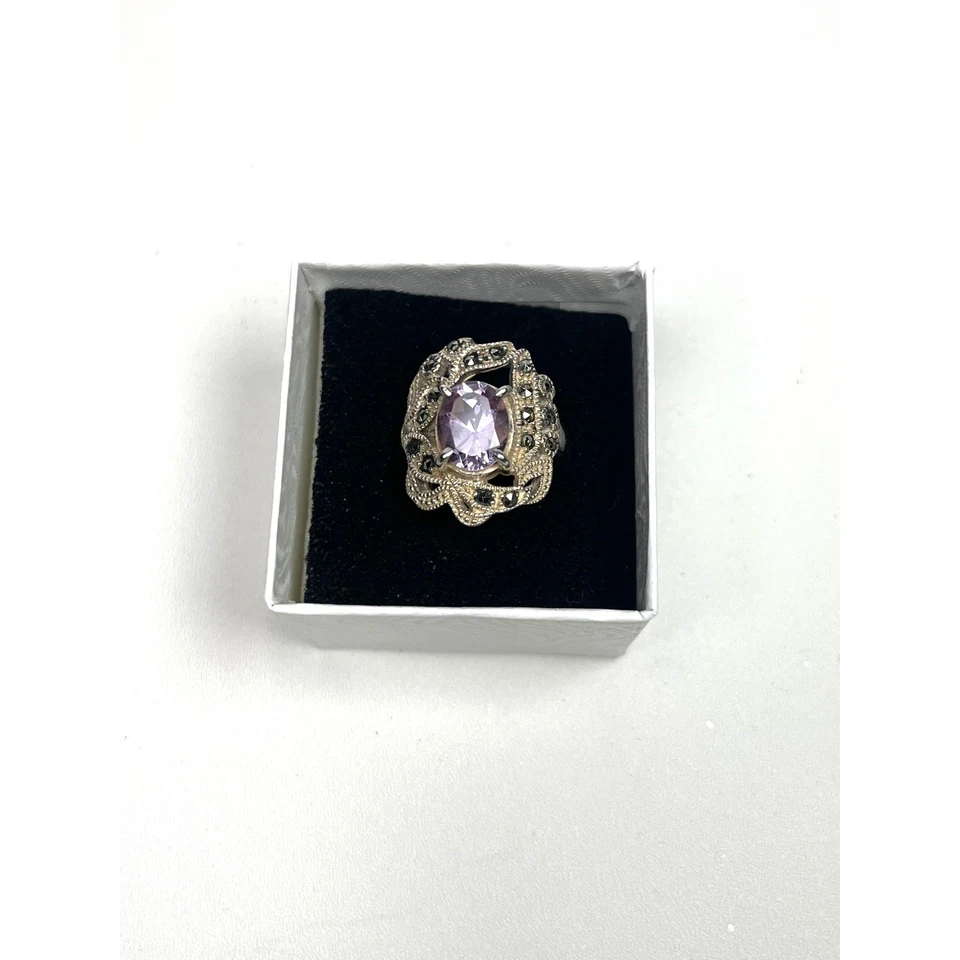 Vintage 925 Sterling Silver Amethyst & Marcasite Ring, Art Deco Style, Size 7.5 - Image 2 of 4