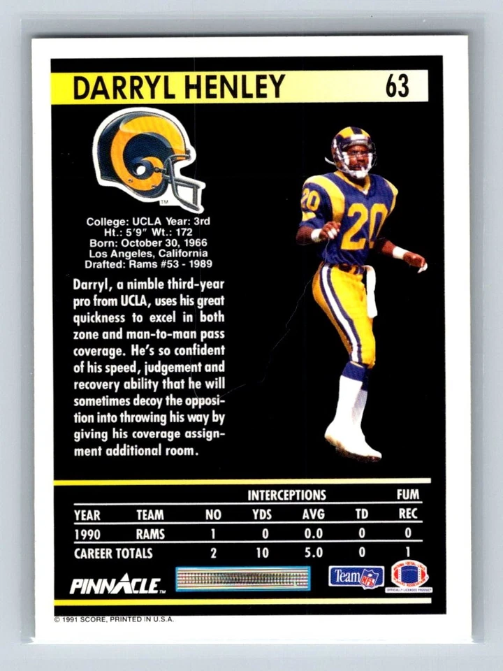 1991 Pinnacle #63 Darryl Henley Los Angeles Rams Rookie - Image 2 of 2