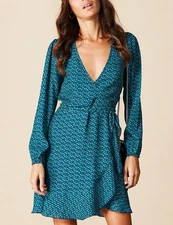 Dancing Leopard Wrap Dress 10 Pine Green Print Long sleeve Xmas Party Chiffon UK