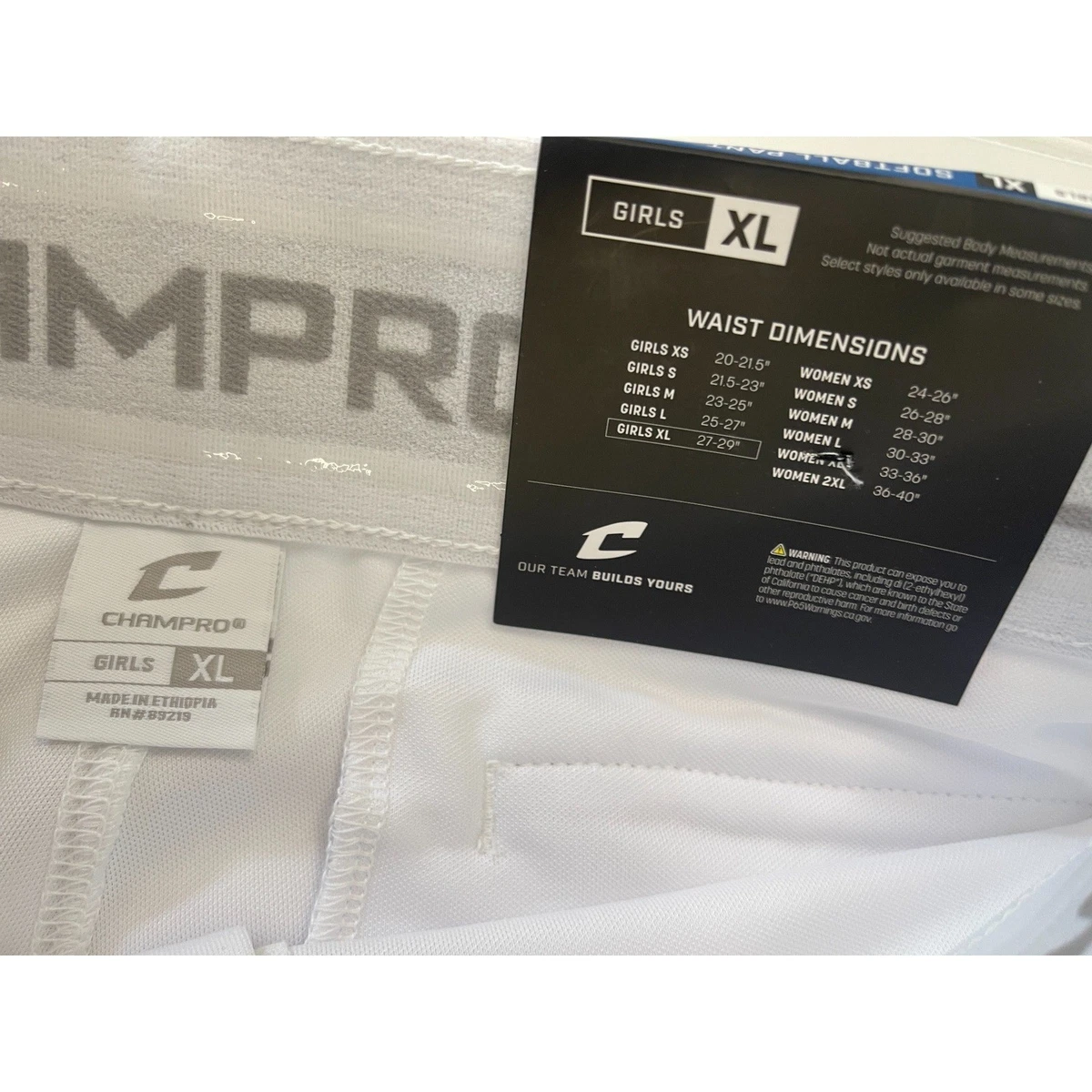 Neu mit Etikett Champro Fastpitch Softballhose Mädchen XL weiß elastischer Unterteil