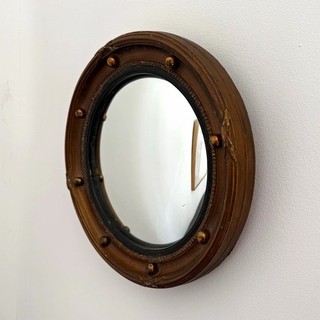 Vintage Antique Style Round Wooden Wall Mirror 27.5cm Dark Wood Brass