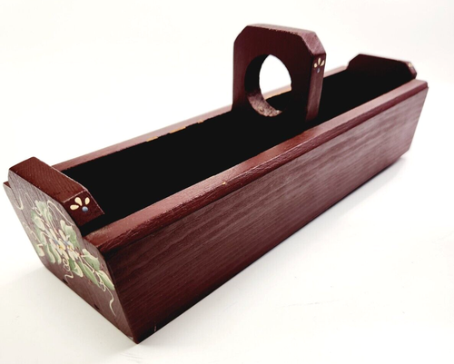 Vintage Wooden Hand Painted Teabag Caddy Tote Dark Red Floral Cottagecore 12.5"