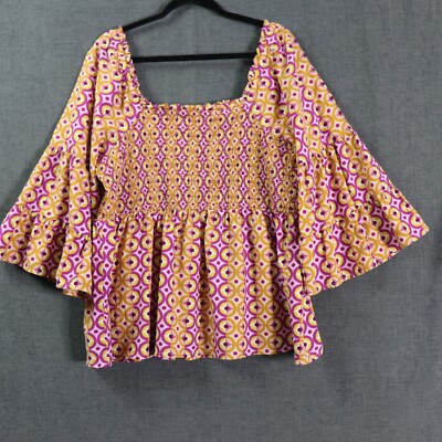 Terra & Sky 1X Smocked Top Boho Arsty Bohemian Bell Sleeves Blouse