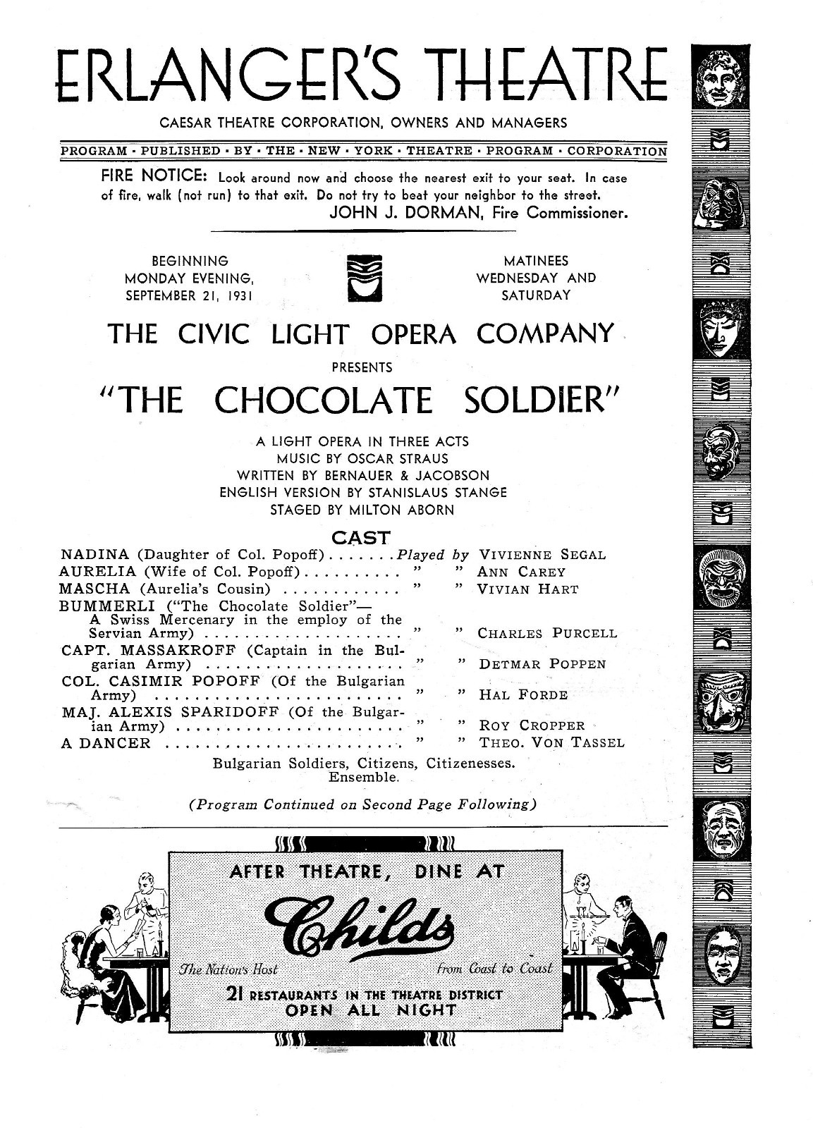 Vivienne Segal "CHOCOLATE SOLDIER" Charles Purcell / Roy Cropper 1931 Playbill