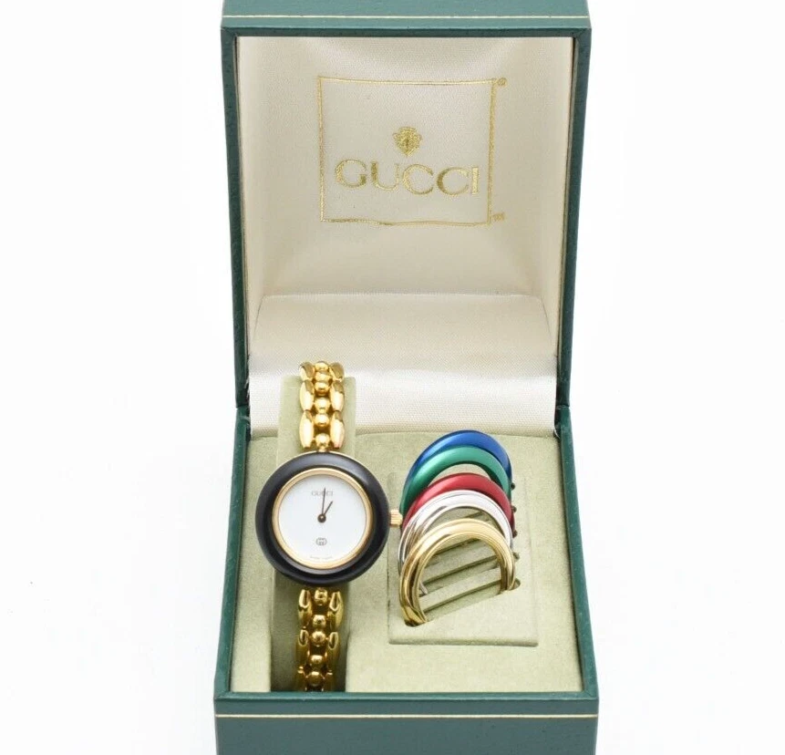 ▶️【N COMME NEUF/Boîte】Montre femme vintage GUCCI 1100 L lunette à changement 6 couleurs or JAPON