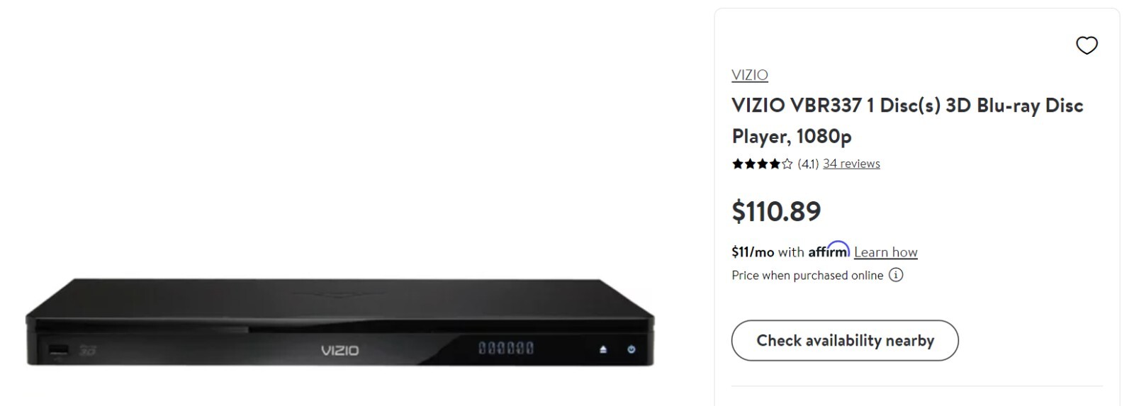 Vizio VBR337 Blu-Ray Player with Remote
