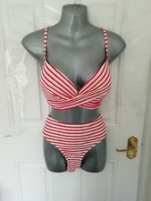 Niptuck Swim 16 D Cup Pink / Red White Stripe Bikini Swimwear Two Piece Swimming