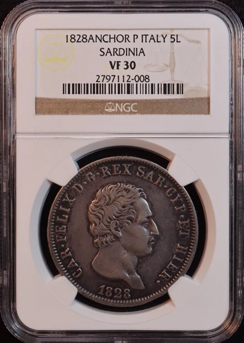 1828 Italy, Sardinia "Charles Felix" 5 Lire - NGC VF30 - Splendid Eye Appeal! PQ