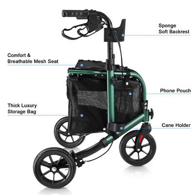 3-Wheel Rolling Walker 260lb Folding Rollator Walker w/ 8in Wheels Seat Backrest