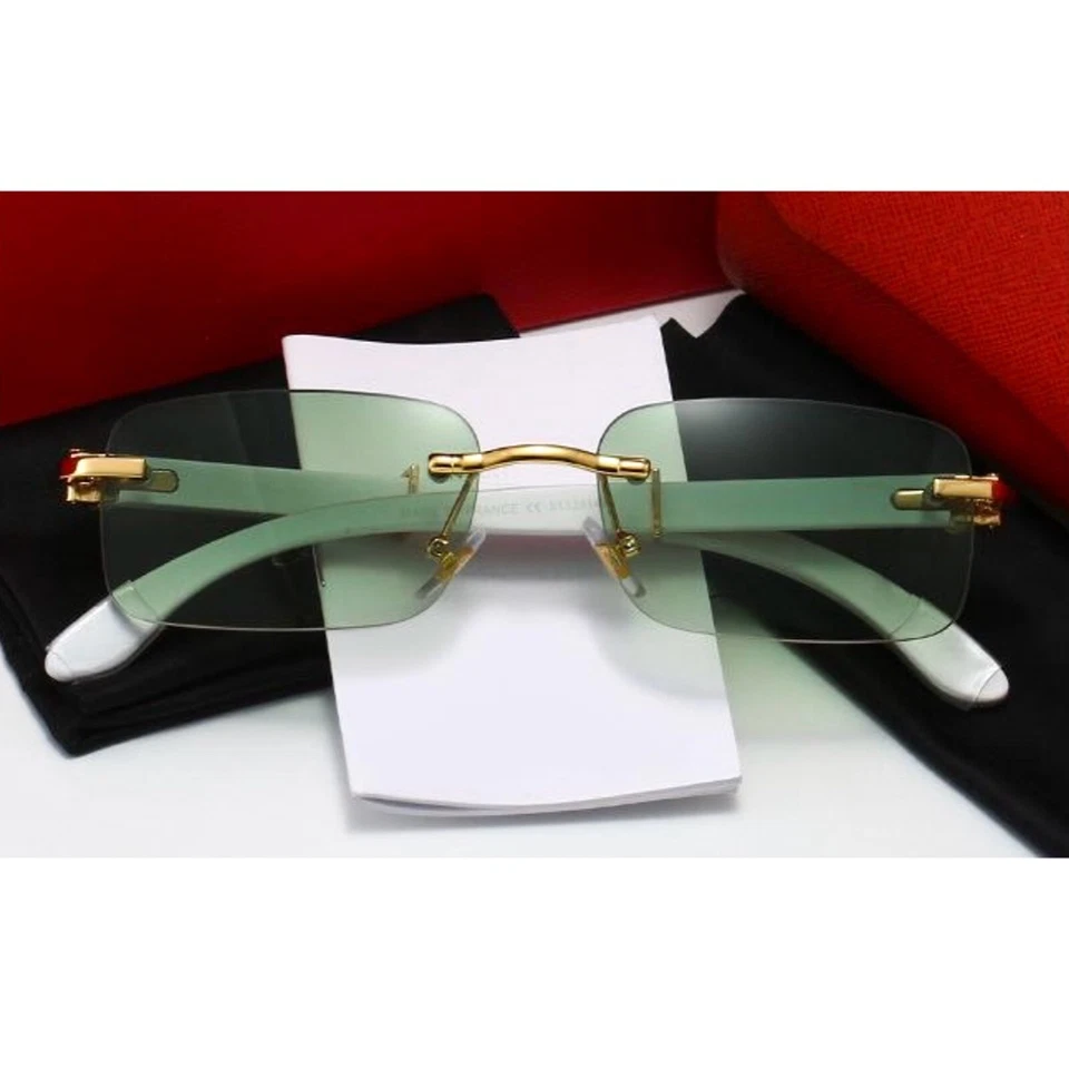 Óculos de sol unissex armação dourada tom verde perfeito sem aro branco grão de madeira braço buffs - Imagem 2 de 4