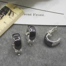 CLIP ON curved SILVER FASHION black jet hematite SMALL HUGGIE EARRINGS half hoop