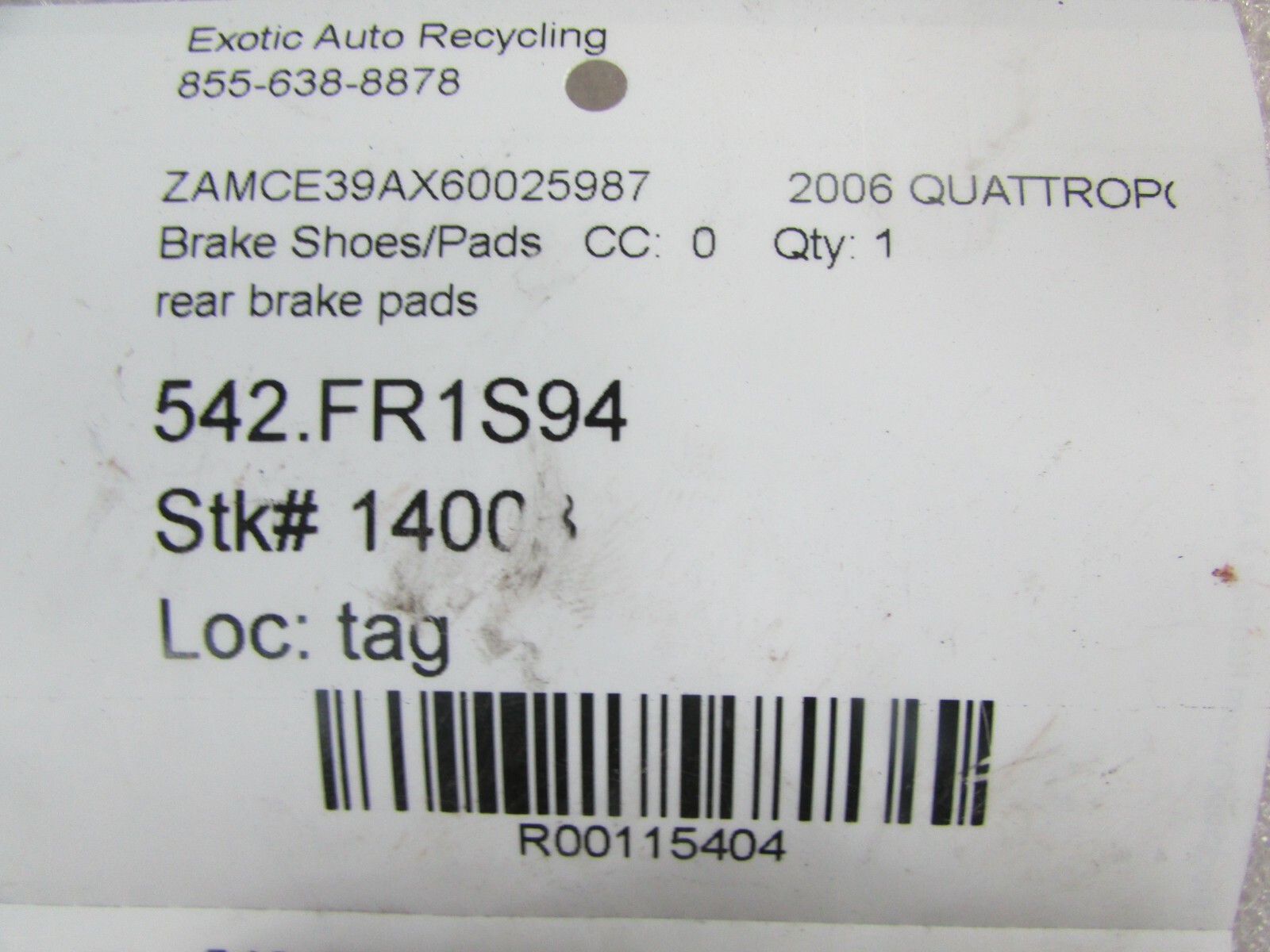 Maserati Quattroporte, Rear Brake Pad Set, Single Piston Style, Used