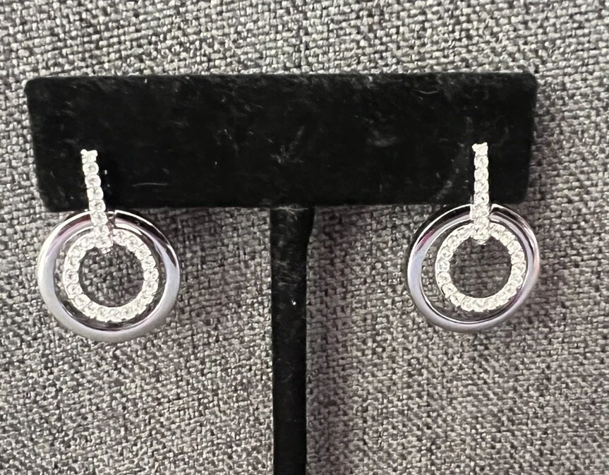 Auténticos Pendientes Swarovski Chapados en Rodio Cisne Firmado Punzón en Doble Círculo Foto 2 de 4