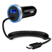 Usb C Car Charger3.4a Fast Car Charging Lighter Adapter+3ft Type C Coiled Cable 