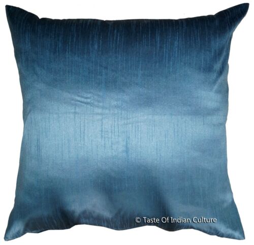 Funda de almohada/cojín lisa étnica de seda 24"" grande India Dupioni decoración acero azul - Imagen 1 de 6