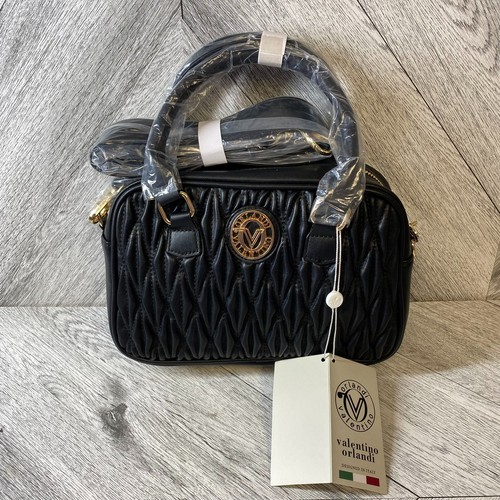 Valentino Orlandi Black Quilted Leather Zip Crossbody East West Handbag Purse