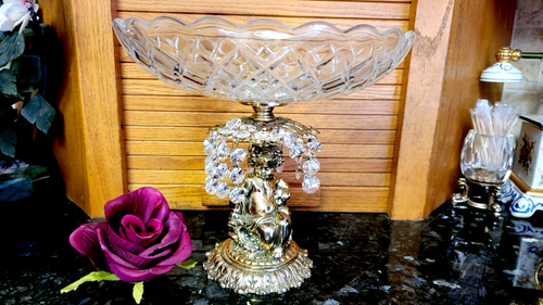 Vintage ORNATE Gold Plated Footed Base Crystal Glass Bowl CENTERPIECE w Cherub! - Picture 5 of 15