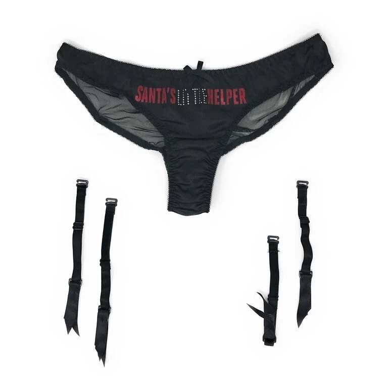 ✨Victoria's Secret Santa's Helper Bikini Panty Garter Belt Black wh Fur LIMITED! - Image 4 of 4