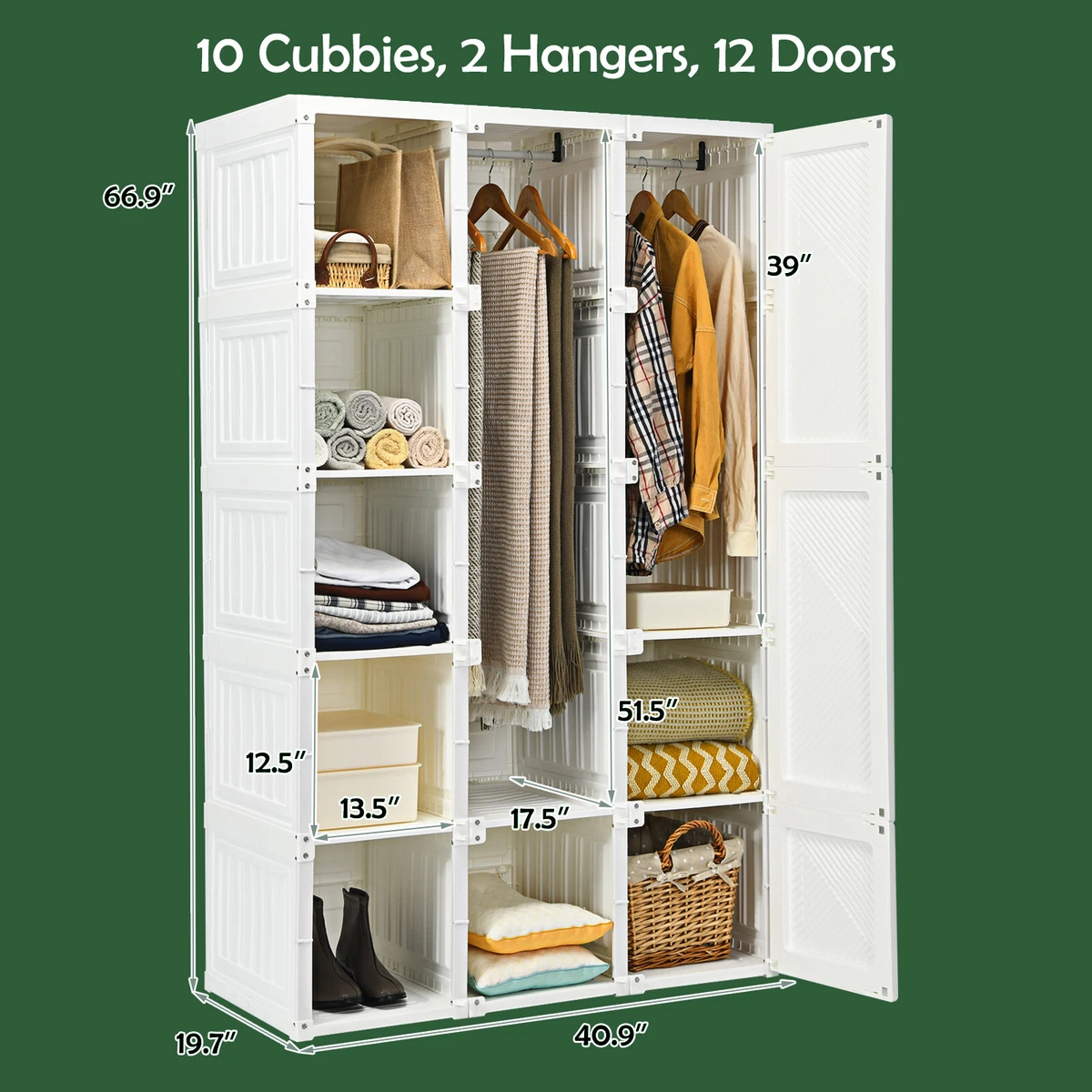 12-Cube Portable Closet, Plastic Wardrobe with Doors & 2 Hangers