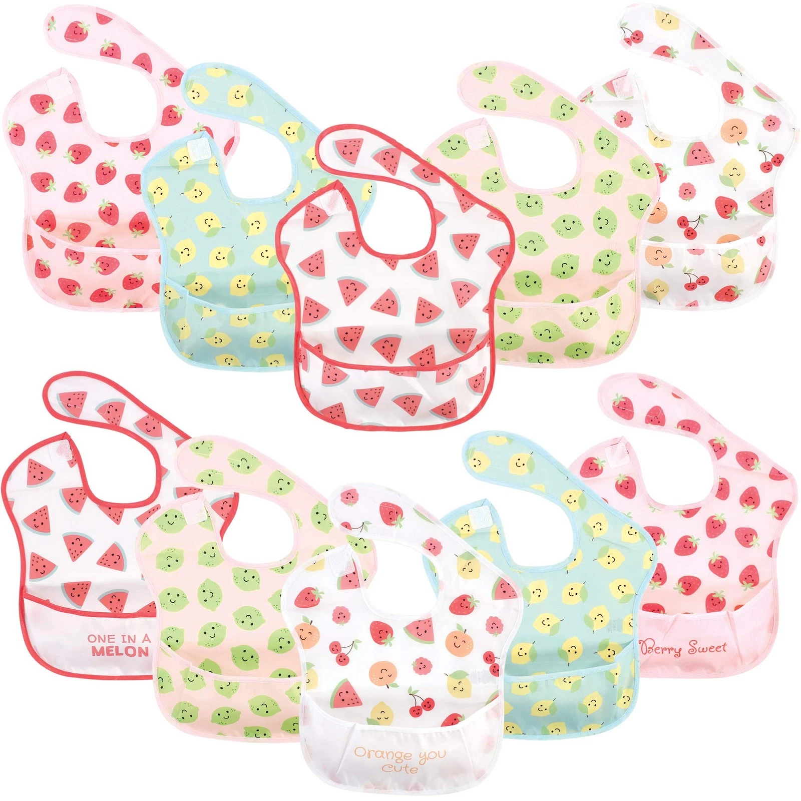 Cute Waterproof Fruit Bib Set with Crumb Catching Pocket for Easy Clean Up