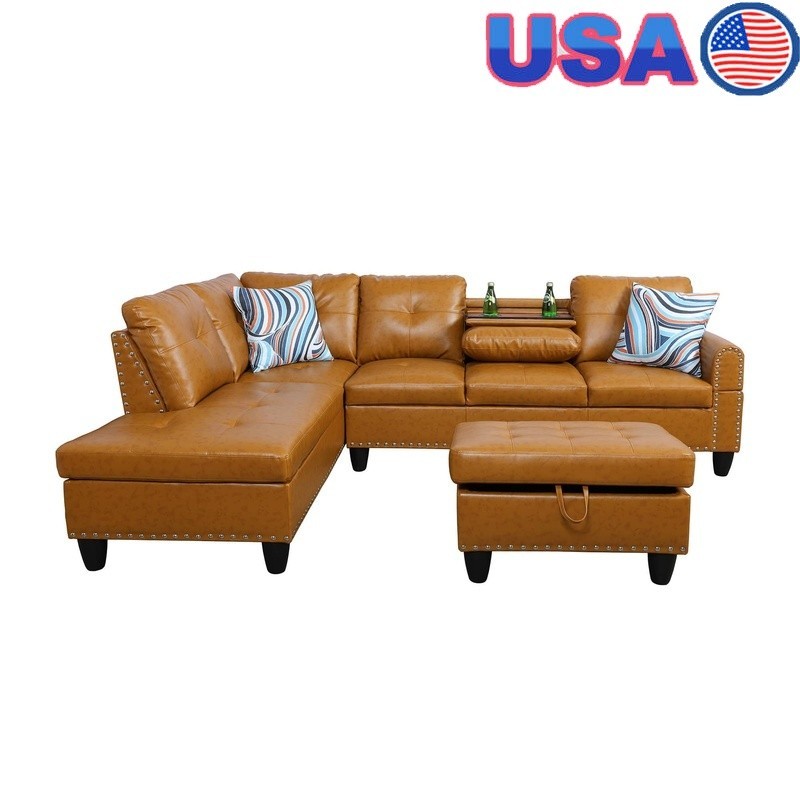 Modular Brown Leather Sectional Sofa W/ Storage Ottoman Reversible Design New