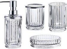 4-Piece Glass Bathroom Accessories Set, Clear Crystal Ribbed Design, Soap