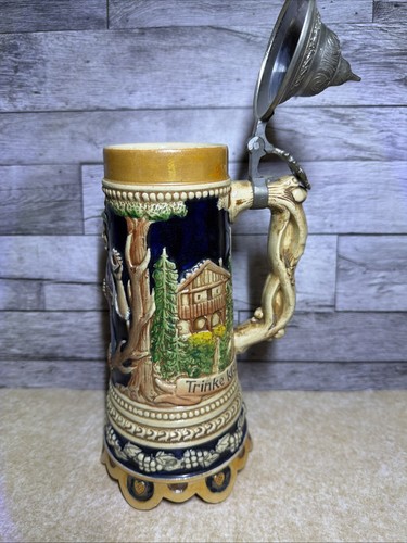 Vtg German Musical Beer Stein Lidded Music Box Tavern Relief Decor 11" WORKS