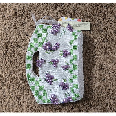 Beaded Clutch Handbag White Green Purple Floral and Checkered Pattern