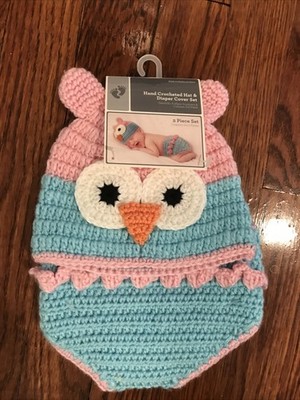 Hand Crotchet Owl  Hat & Diaper Cover Set Photo Prop 0-9 Months Unisex Pink Blue