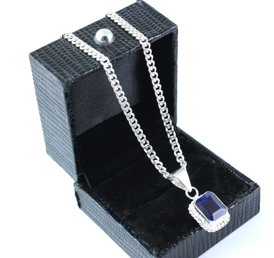Blaues Saphir 12.80 Ct 10 mm Smaragdschliff Anhänger Herren Echt 925 Silber AGI - Bild 1 von 4