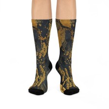 Gold Chrysanthemum Pattern Cushioned Crew Socks | Floral Wave Design