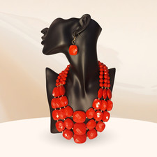 Red 3 Layer Bohemian Beaded Necklace & Earrings Set - Costume Jewellery
