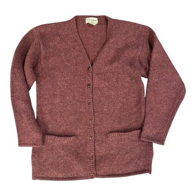 LL Bean Women s Medium 100% Wool Cardigan Sweater Rustic Heathered Brown Pink