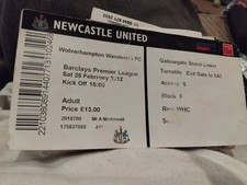 Newcastle V Wolves 2012 Match Ticket Stub