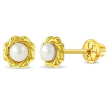 14k Yellow Gold Young Girl's Cultured Pearl Braided Bezel Screw Back Earrings