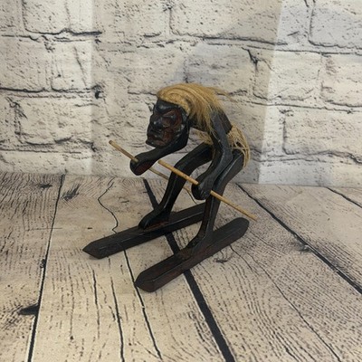 15 cm Skifahren Winter Afrikanischer Stamm Krieger Mann Figur Statue Holz handgeschnitzt