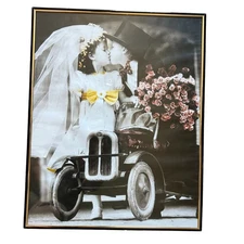 Vintage Frame Litho Print Young Boy and Girl in Car black white Art 16x20”