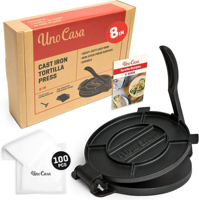 Cast Iron Tortilla Press 8 Inch - Tortilla Maker Press, Pre-Seasoned Roti Maker
