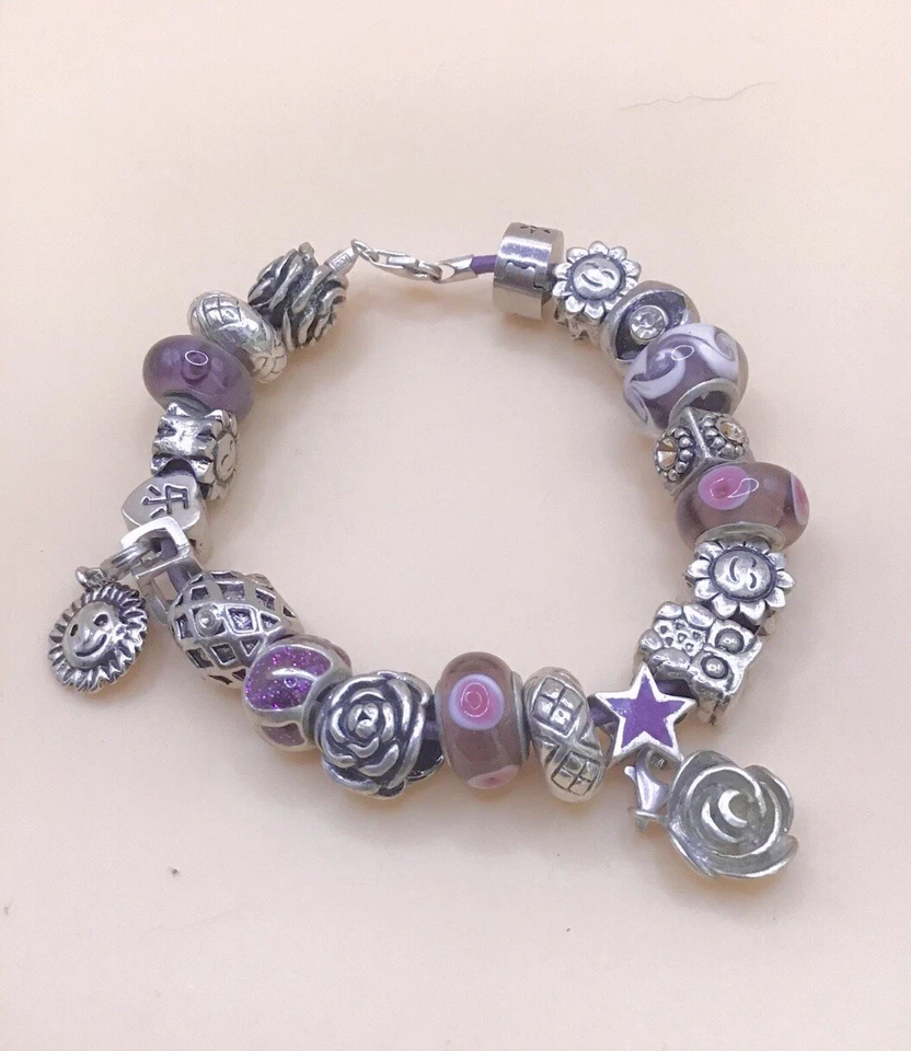 Charms Armband Violett versilbert / Murano Glas 20 Beads Unikat 🎀 - Bild 2 von 4