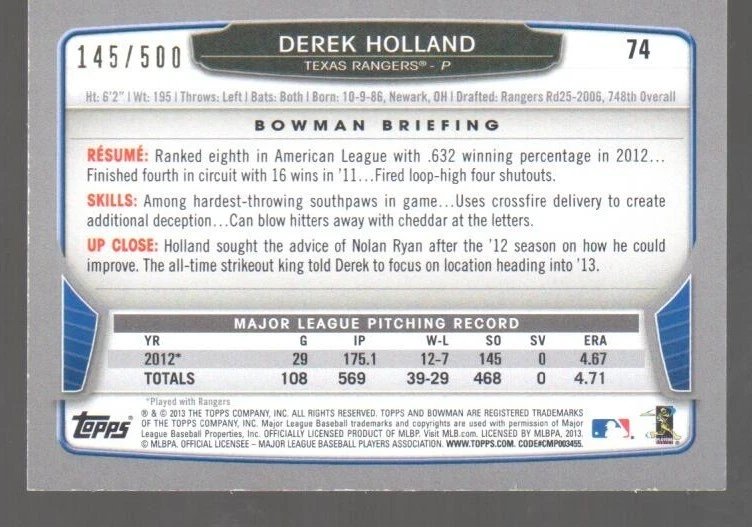 Derek Holland #/D SP 2013 Bowman Blue #74 Numbered 145/500 Rangers L@@K !! - Image 2 of 2