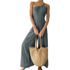 Anrabess Women’s One-Shoulder Jumpsuit L Charcoal Gray Wide-Leg Spaghetti Strap