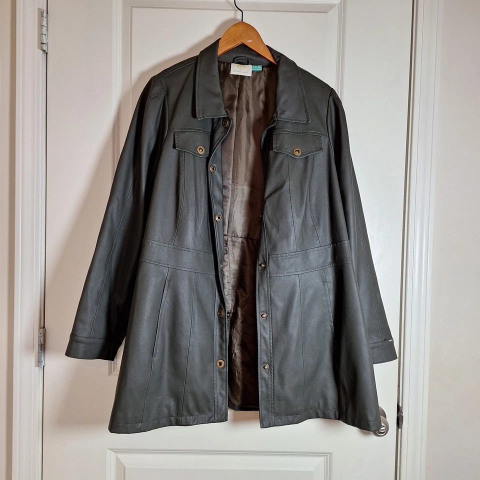 Chaqueta Abrigo Anthropologie Maeve Kellie Cuero Vegano Midi Gris Verde Talla 20W Foto 2 de 4