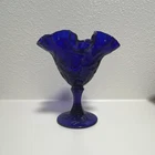 Fenton Cobalt Blue Glass Ruffled Edge Pedestal Vase with Sticker Backstamp