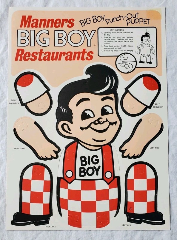 Vintage 1980's Manners Big Boy Punch Out 14" Puppet Big Boy Restaurant UNUSED