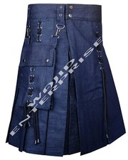 Men's Utility Blue Denim Kilt - Modern kilt Detachable Pockets Custom Size Kilt