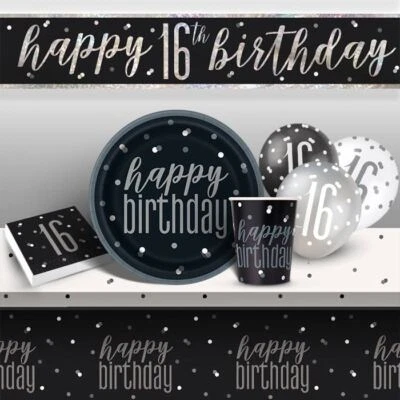 UNIQUE PARTY 16th Birthday Party Decorations Balloons Supplies Tableware - Black & Silver