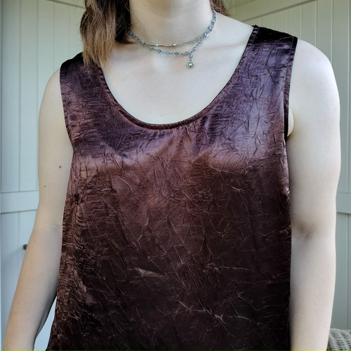 Vintage 80s 90s Charlie Brown Tank Top Brown Textured Satin Sleeveless Size 14 - Picture 3 of 7